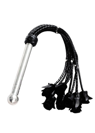 Black Rose Leather Flogger | 9 Braided Falls with Steel Studs and Handle