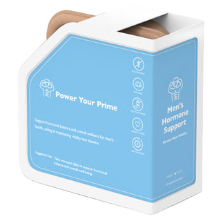 Men's hormone support product packaging with blue label on a gray background