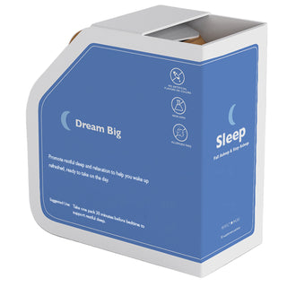 Sleep aid packaging with blue and white design on a gray background