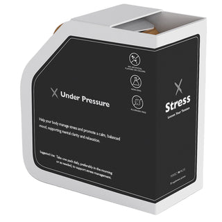 Product packaging with black label on a white background