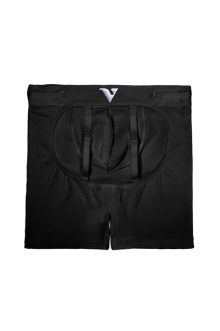 Black athletic shorts with suspenders on a white background