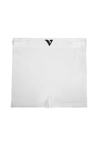 White boxer briefs for the femme form with a black logo on a white background