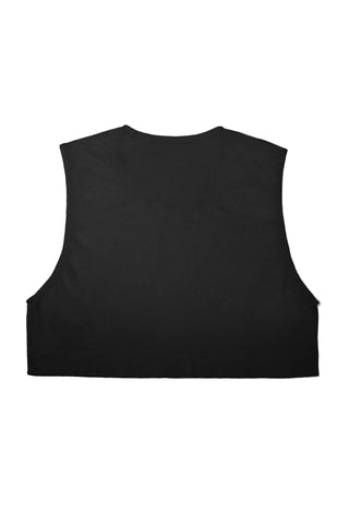 Black sleeveless crop top on a white background
