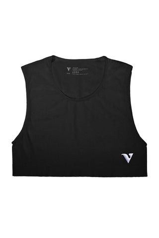 Black sleeveless crop top with a logo on a white background