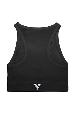 Black compression tank top with a logo on a white background