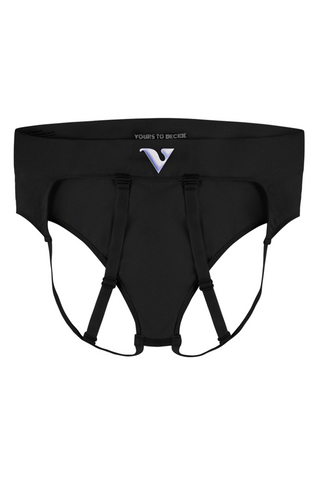 Black womens femme form underwear with brand logo on a white background