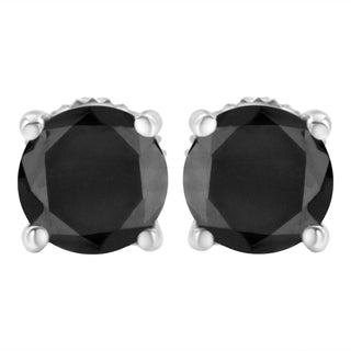14K White Gold 2.00 Cttw Round Brilliant-Cut Black Diamond Classic 4-Prong Stud Earrings with Screw Backs (Fancy Color-Enhanced, I2-I3 Clarity)