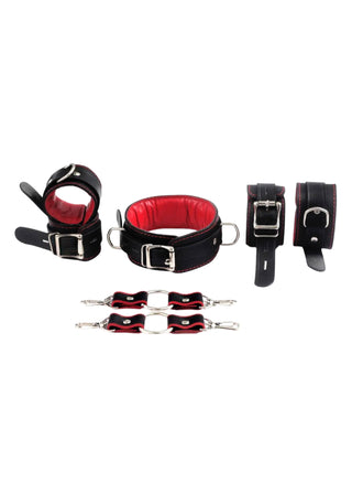 7 Piece Genuine Leather Bondage Kit | Black and Red | Soft Padded