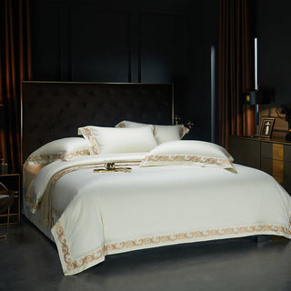 Anahi Embroidered Motif Border Egyptian Cotton Bedding Set | 3CARATS