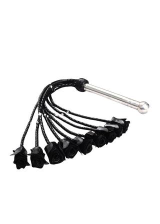 Black Rose Leather Flogger | 9 Braided Falls with Steel Studs and Handle