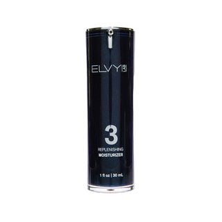 Black skincare bottle labeled 'ELVY' on a white background