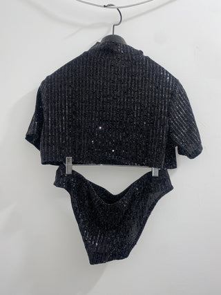 2 Piece Set | Black Sequin Mocked Crop Top + Bikini | Sample Sale - MENAGERIE Intimates MENS Lingerie