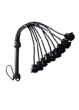 Heavy Black Rose Leather Flogger | 9 Braided Falls & Steel Studs Cat-o-nine Tails
