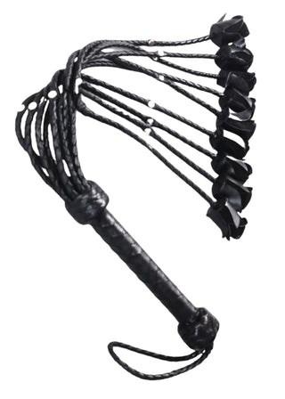 Heavy Black Rose Leather Flogger | 9 Braided Falls & Steel Studs Cat-o-nine Tails