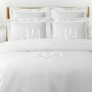 Monogram Embroidery & Border Cotton Sateen Solid Duvet Cover Set