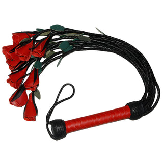 Leather Flogger |  9 Braided Falls & Red Roses
