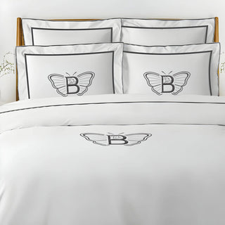 Monogram Embroidery & Border Cotton Sateen Solid Duvet Cover Set