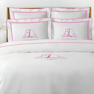 Monogram Embroidery & Border Cotton Sateen Solid Duvet Cover Set